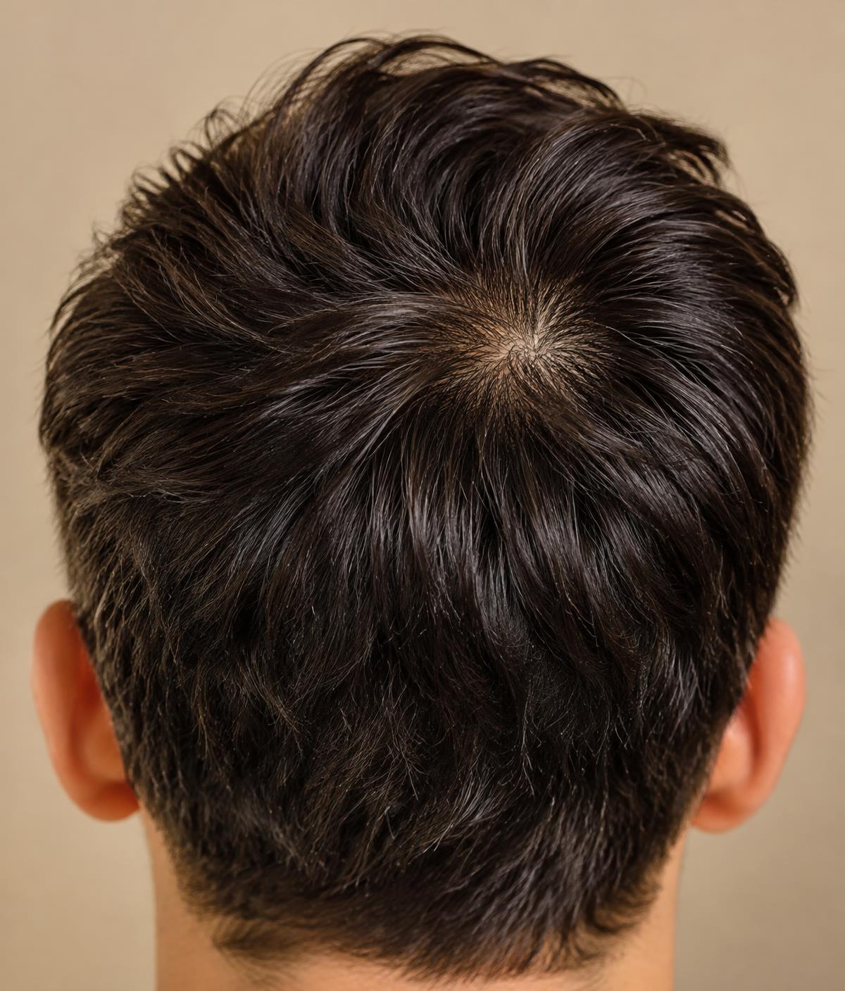 Dichtes, dunkles Haar am Hinterkopf eines Mannes